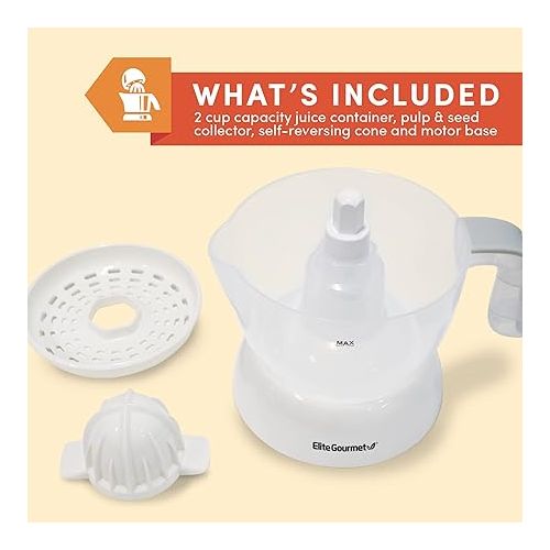  Elite Gourmet ETS-411 BPA-Free Electric Citrus Juicer Extractor: Compact Large Volume Pulp Control Oranges, Lemons, Limes, Grapefruits with Easy Pour Spout, 16 oz, White