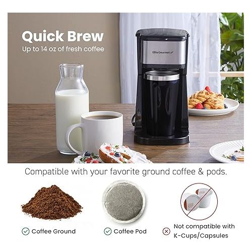  Elite Gourmet EHC114 Personal Single-Serve Compact Coffee Maker Brewer Includes 14Oz. Thermal Travel Mug with Stainless Steel Interior, Compatible with Coffee Grounds, Reusable Filter, Black