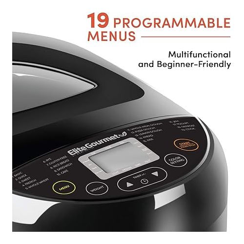  Elite Gourmet EBM8103B Programmable Bread Maker Machine 3 Loaf Sizes, 19 Menu Functions Gluten Free White Wheat Rye French and more, 2 Lbs, Black