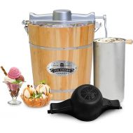 Elite Gourmet Old Fashioned 4 Quart Vintage Appalachian Wood Bucket Electric Ice Cream Maker Machine, Bonus Classic Die-Cast Hand Crank for Churning, Uses Ice and Rock Salt Churns Ice Cream in Minute