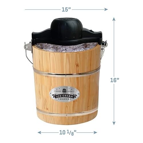  Elite Gourmet Old Fashioned 4 Quart Vintage Appalachian Wood Bucket Electric Ice Cream Maker Machine, Bonus Classic Die-Cast Hand Crank for Churning, Uses Ice and Rock Salt Churns Ice Cream in Minute