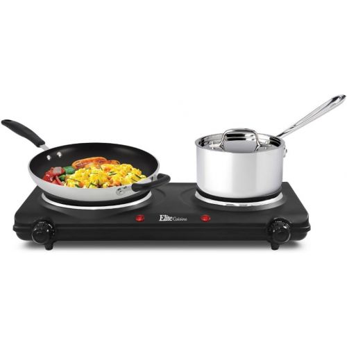  Elite Gourmet EDB-302BF# Countertop Double Cast Iron Burner, 1500 Watts Electric Hot Plate, Temperature Controls, Power Indicator Lights, Easy to Clean, Black