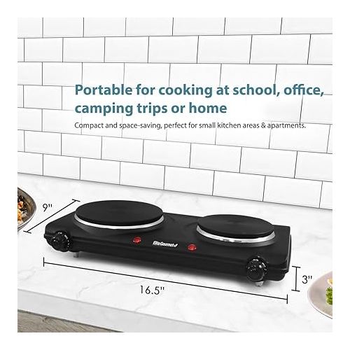  Elite Gourmet EDB-302BF# Countertop Double Cast Iron Burner, 1500 Watts Electric Hot Plate, Temperature Controls, Power Indicator Lights, Easy to Clean, Black