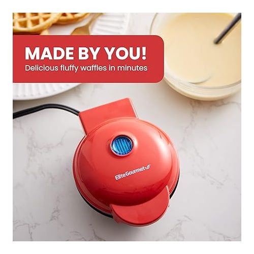  Elite Gourmet EWM015R# Electric Nonstick 4.5-inch Mini Waffle Maker, Belgian Waffles, Compact Design, Hash Browns, Keto, Snacks, Sandwich, Eggs, Easy to Clean, Red