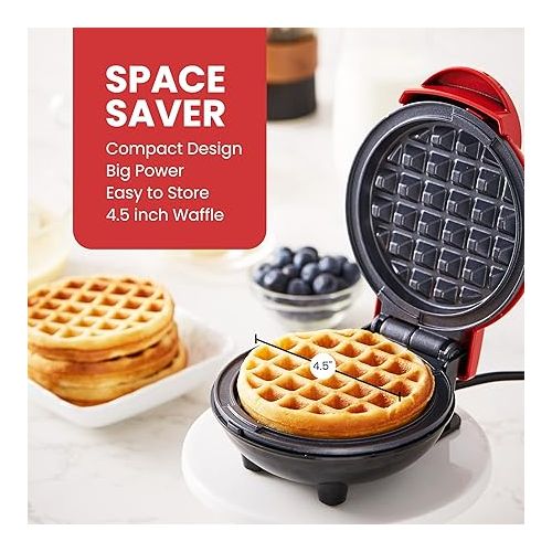  Elite Gourmet EWM015R# Electric Nonstick 4.5-inch Mini Waffle Maker, Belgian Waffles, Compact Design, Hash Browns, Keto, Snacks, Sandwich, Eggs, Easy to Clean, Red