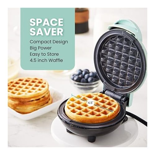  Elite Gourmet EWM015M Electric Nonstick 4.5-inch Mini Waffle Maker, Belgian Waffles, Compact Design, Hash Browns, Keto, Snacks, Sandwich, Eggs, Easy to Clean, Mint