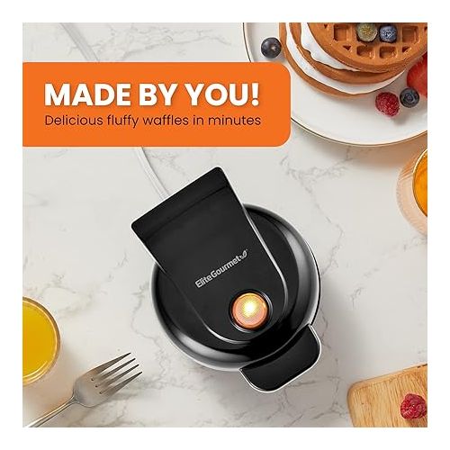  Elite Gourmet EWM013B Electric Nonstick Mini Waffle Maker with 5-inch cooking surface, Belgian Waffles, Compact Design, Hash Browns, Keto, Snacks, Sandwich, Eggs, Easy to Clean, Black