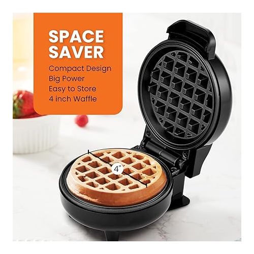  Elite Gourmet EWM013B Electric Nonstick Mini Waffle Maker with 5-inch cooking surface, Belgian Waffles, Compact Design, Hash Browns, Keto, Snacks, Sandwich, Eggs, Easy to Clean, Black