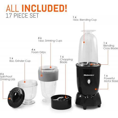  Elite Gourmet EPB-1800 Personal Electric Drink Blender, Smoothie, Shakes, Juice, Pulse Switch, 300 Watts (17PC, Black)