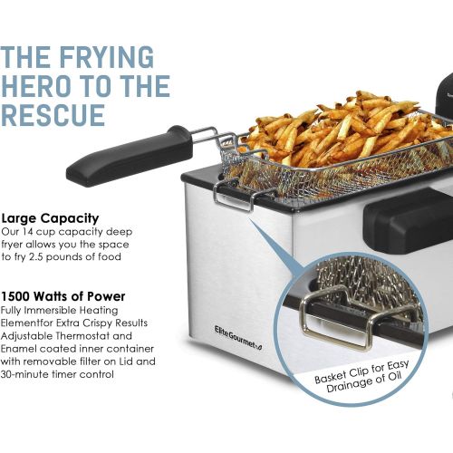  Elite Gourmet EDF-3500 Electric Immersion Deep Fryer. Removable Basket, Timer Control Adjustable Temperature, Lid with Viewing Window and Odor Free Filter,Stainless Steel,3.5 Quart