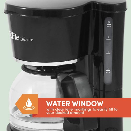  Maxi-Matic Elite Gourmet Automatic Brew & Drip Coffee Maker with Pause N Serve Reusable Filter, On/Off Switch, Water Level Indicator, 5 Cup Capacity, Black