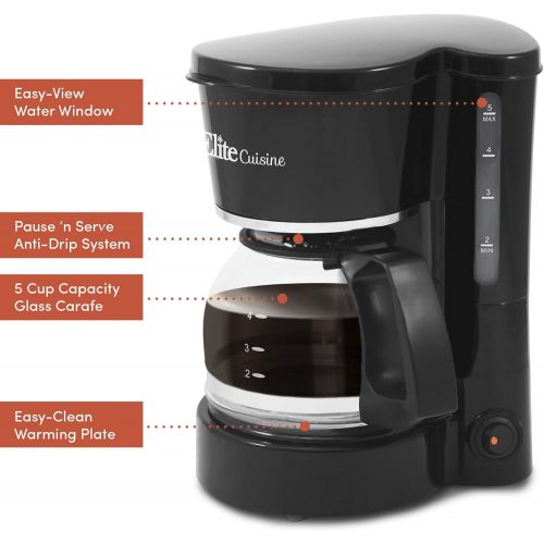  Maxi-Matic Elite Gourmet Automatic Brew & Drip Coffee Maker with Pause N Serve Reusable Filter, On/Off Switch, Water Level Indicator, 5 Cup Capacity, Black