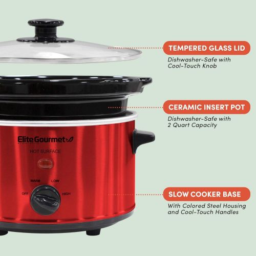  Maxi-Matic Elite Cuisine MST-275XR Electric Slow Cooker, Adjustable Temp, Entrees, Sauces, Stews & Dips, Dishwasher-Safe Glass Lid & Ceramic Pot, 2Qt Capacity, Metallic Red: Kitchen & Dining