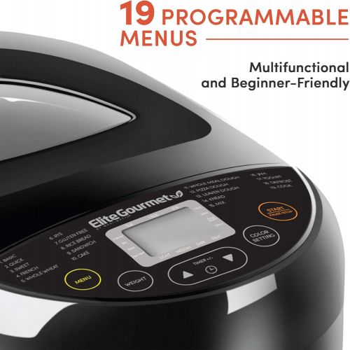  [아마존베스트]Elite Gourmet Maxi-Matic EBM8103B Programmable Bread Maker Machine, 3 Loaf Sizes, 19 Menu Functions Gluten Free White Wheat Rye French and more, 2 Lb, Black