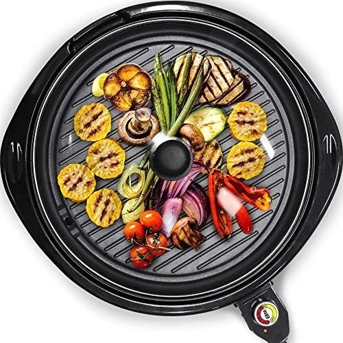  [아마존베스트]Elite Gourmet EMG-980B Large Indoor Electric Round Nonstick Grill Cool Touch Fast Heat Up Ideal Low-Fat Meals Easy to Clean Design Dishwasher Safe Includes Glass Lid, 14, Black