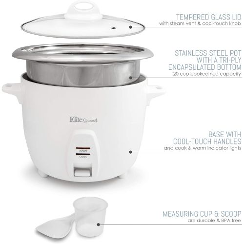  [아마존베스트]Elite Gourmet ERC-2020 Electric Rice Cooker with Stainless Steel Inner Pot Makes Soups, Stews, Grains, Cereals, Keep Warm Feature, 20 Cups, White