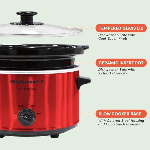  [아마존베스트]Elite Gourmet Elite Cuisine MST-275XR Electric Slow Cooker, Adjustable Temp, Entrees, Sauces, Stews & Dips, Dishwasher-Safe Glass Lid & Ceramic Pot, 2Qt Capacity, Metallic Red