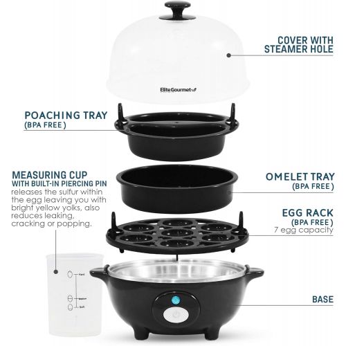  [아마존베스트]Elite Gourmet Elite Cuisine EGC-007B Easy Electric Egg Poacher, Omelet & Soft, Medium, Hard-Boiled Egg Cooker with Auto-Shut off and Buzzer, 7 Egg Capacity, Black