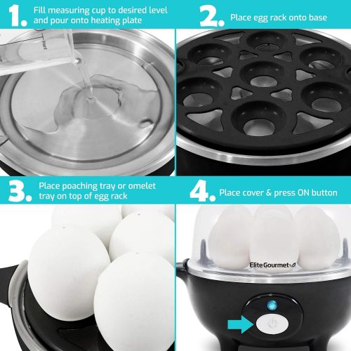  [아마존베스트]Elite Gourmet Elite Cuisine EGC-007B Easy Electric Egg Poacher, Omelet & Soft, Medium, Hard-Boiled Egg Cooker with Auto-Shut off and Buzzer, 7 Egg Capacity, Black