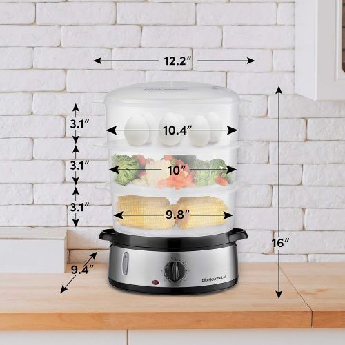  [아마존베스트]Elite Gourmet Maxi-Matic Electric Food Vegetable Steamer with BPA-Free 3 Tier Stackable, Nested Basket Trays, Auto Shut-off 60-min Timer, 800W, 9.5 Quart, Stainless Steel