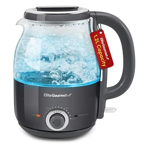  Elite Gourmet EKT1220DG 1.2L Electric BPA-Free Glass Kettle, Temperature Dial Keep Warm Function, Cordless 360° Base, Blue LED Interior, Auto Shut-Off Function ? Quick Boil, Dark G