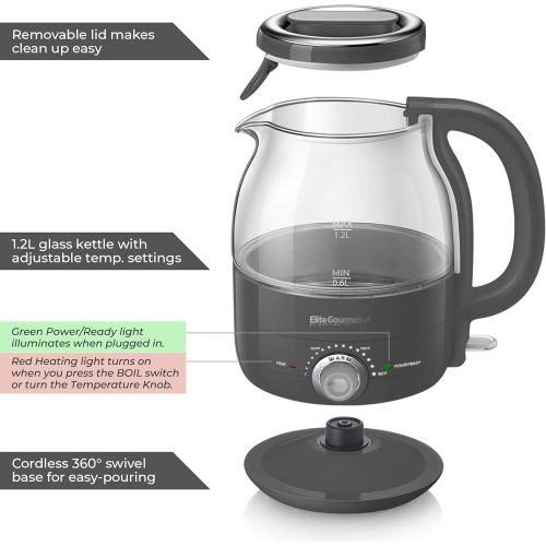  Elite Gourmet EKT1220DG 1.2L Electric BPA-Free Glass Kettle, Temperature Dial Keep Warm Function, Cordless 360° Base, Blue LED Interior, Auto Shut-Off Function ? Quick Boil, Dark G