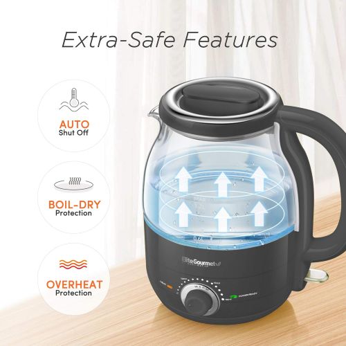  Elite Gourmet EKT1220DG 1.2L Electric BPA-Free Glass Kettle, Temperature Dial Keep Warm Function, Cordless 360° Base, Blue LED Interior, Auto Shut-Off Function ? Quick Boil, Dark G