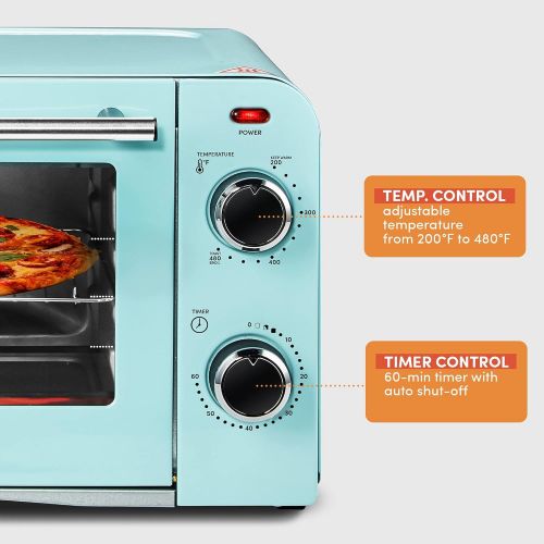  Elite Gourmet Americana Fits 9” Pizza, Vintage Diner 50’s Retro Countertop Toaster oven Bake, Broil, Toast, Temperature Control & Adjustable 60-Minute Timer, Glass Door Printed Wro