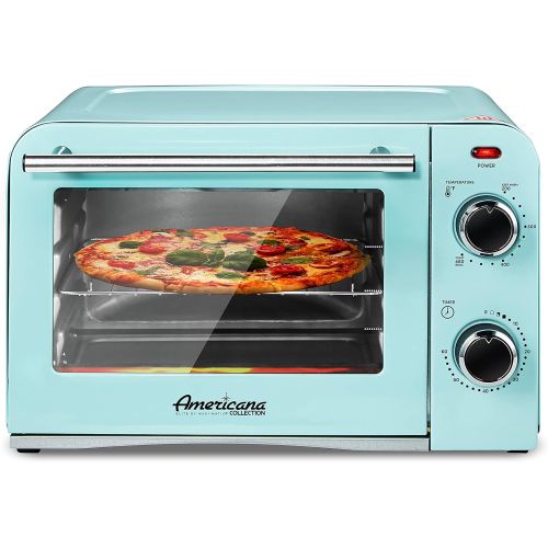  Elite Gourmet Americana Fits 9” Pizza, Vintage Diner 50’s Retro Countertop Toaster oven Bake, Broil, Toast, Temperature Control & Adjustable 60-Minute Timer, Glass Door Printed Wro