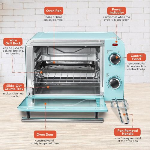  Elite Gourmet Americana Fits 9” Pizza, Vintage Diner 50’s Retro Countertop Toaster oven Bake, Broil, Toast, Temperature Control & Adjustable 60-Minute Timer, Glass Door Printed Wro