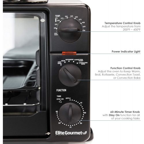  Elite Gourmet ERO-2008SZ Countertop XL Toaster Oven w/ Top Grill & Griddle & Lid + Convection Rotisserie, Bake, Broil, Roast, Toast, Keep Warm & Steam, 23L capacity fits 12” pizza,