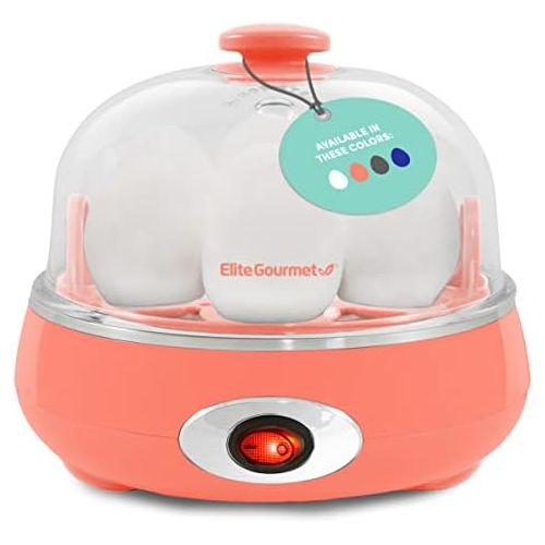  Elite Gourmet EGC007C Rapid Egg Cooker, 7 Easy-To-Peel, Hard, Medium, Soft Boiled Eggs, Poacher, Omelet Maker, Auto Shut-Off, Alarm, 16-Recipe Booklet, BPA-Free, Coral