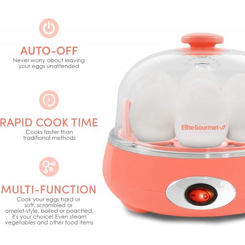  Elite Gourmet EGC007C Rapid Egg Cooker, 7 Easy-To-Peel, Hard, Medium, Soft Boiled Eggs, Poacher, Omelet Maker, Auto Shut-Off, Alarm, 16-Recipe Booklet, BPA-Free, Coral