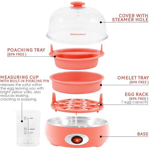  Elite Gourmet EGC007C Rapid Egg Cooker, 7 Easy-To-Peel, Hard, Medium, Soft Boiled Eggs, Poacher, Omelet Maker, Auto Shut-Off, Alarm, 16-Recipe Booklet, BPA-Free, Coral