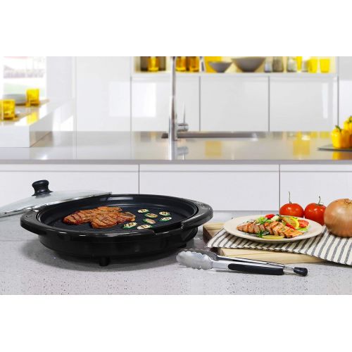  [아마존베스트]Elite Gourmet EMG-980B Large Indoor Electric Round Nonstick Grill Cool Touch Fast Heat Up Ideal Low-Fat Meals Easy to Clean Design Dishwasher Safe Includes Glass Lid, 14, Black