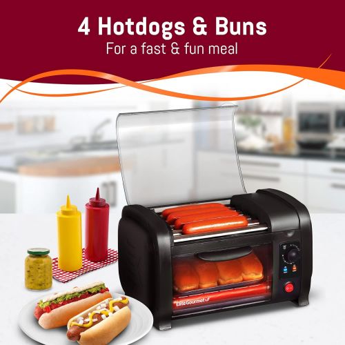  [아마존베스트]Elite Gourmet EHD-051B Hot Dog Toaster Oven, 30-Min Timer, Stainless Steel Heat Rollers Bake & Crumb Tray, World Series Baseball, 4 Bun Capacity, Black