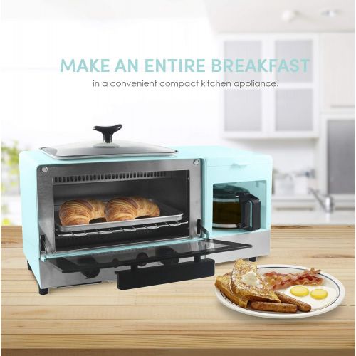  [아마존베스트]Elite Gourmet Americana Slice, Griddle with Glass Lid 3-in-1 Breakfast Center Station, 4-Cup Coffeemaker, Toaster Oven with 15-Min Timer, Heat Selector Mode, 2, Blue