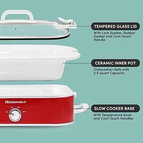  [아마존베스트]Elite Gourmet MST-5240 Casserole Crock Slow Cooker, Locking Lid Adjustable Temperature Keep Warm Oven & Dishwasher-Safe Casserole Pan, 3.5Qt Capacity, Red