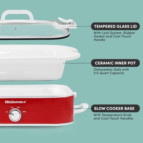  [아마존베스트]Elite Gourmet MST-5240 Casserole Crock Slow Cooker, Locking Lid Adjustable Temperature Keep Warm Oven & Dishwasher-Safe Casserole Pan, 3.5Qt Capacity, Red