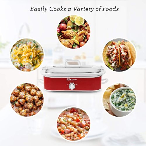  Elite Gourmet MST-5240 Casserole Slow Cooker, Locking Lid, Adjustable Temp, Keep Warm Dishwasher-Safe Glass Lid & Casserole Dish, 3.5QtCapacity 3.5Qt Capacity, Red