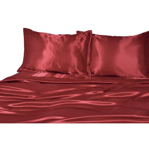  Elite Home Products 100% Luxury Satin Polyester Solid Sheet Set, Queen, Red