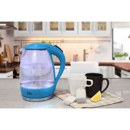  Elite Home Fashions Elite Platinum EKT-300BL 1.7-Liter Glass Cordless Electric Kettle, Blue