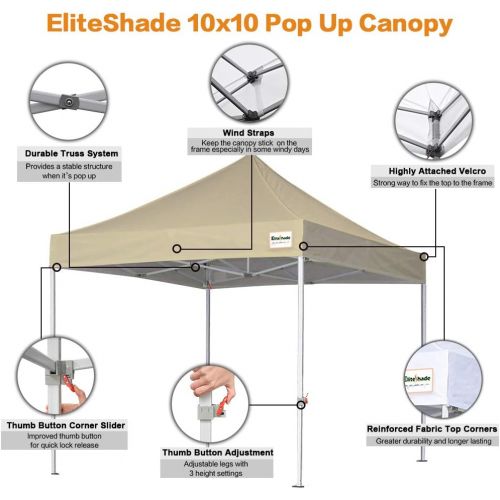  [아마존핫딜][아마존 핫딜] EliteShade 10x10 Commercial Ez Pop Up Canopy Tent Instant Canopy Party Tent Sun Shelter with Heavy Duty Roller Bag, Bonus 4 Weight Bags, Beige