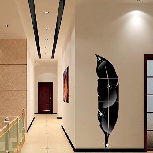  Elitek DIY Feather Crystal Acrylic Surface Wall Stickers Mirror for Dressing Room (Black)