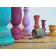 ElizabethanFolkArt Distressed Wood Candlestick Set - Colorful Boho Decor - 7 Piece Bohemian Decor - Wooden Boho Hippie Candle Holders - Gypsy Table Centerpiece