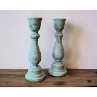 ElizabethanFolkArt Pair of Distressed Shabby Cottage Chic Wooden Candlesticks - Blue Green Spring Home Decor - Hand Painted Candlesticks - Rustic Candle Holder