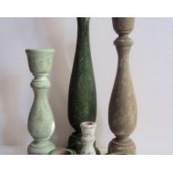 ElizabethanFolkArt Shabby Candle Holder Set - Rustic Green St. Patricks Day Decor - Distressed Woodland Chic Candlesticks - Christmas Taper Candle Centerpiece