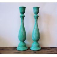 ElizabethanFolkArt Bohemian Distressed Candlesticks - Set of 2 Tall Teal Turquoise Candle Holders - Wooden Gypsy Candle Sticks - Colorful Shabby Boho Decor