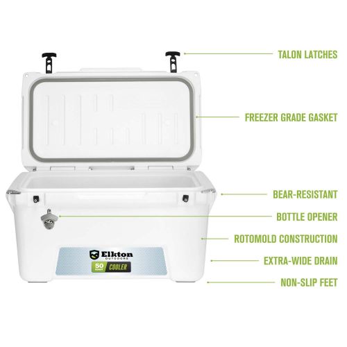  Elkton Outdoors Insulated 50 Quart Hunting and Fishing Cooler Ice Chest with Extra Wide Drain Plug, Freezer Gasket Seal, White