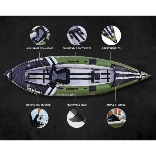  Elkton Outdoors Steelhead Fishing Kayak, Inflatable Touring, Angler, Includes Paddle, Hard Mounting Points, Bungee Storage